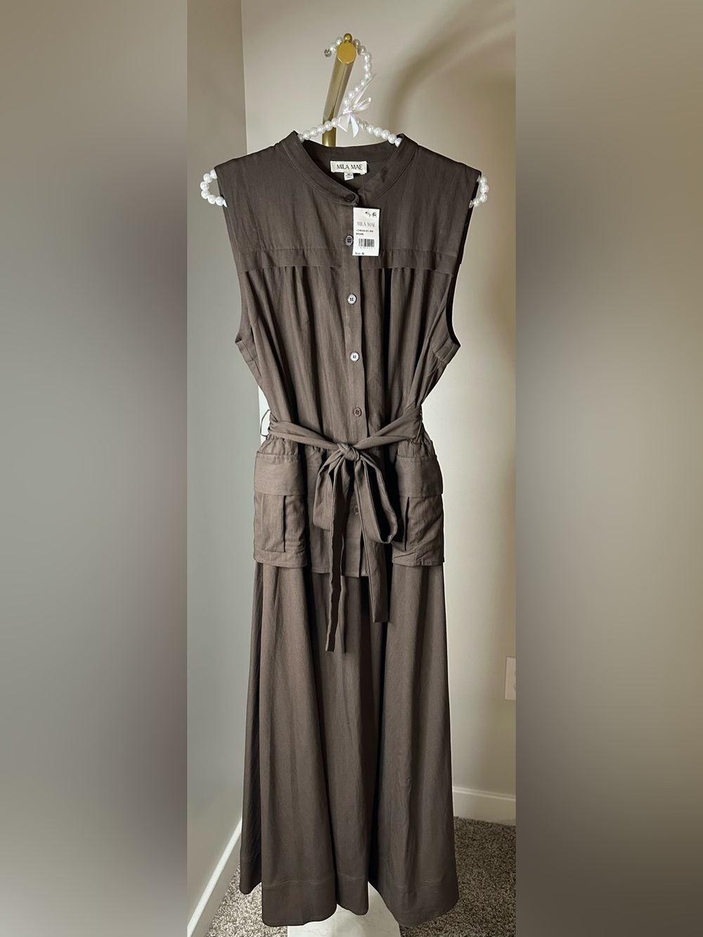NWT! Mila Mae Brown Sleeveless Button-Front Maxi Dress with Tie Waist